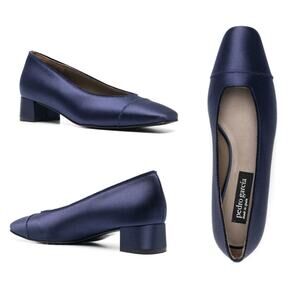 Pedro Garcia Eladia NEW Navy Silk Satin Low Block Heel Slip On Pump $550